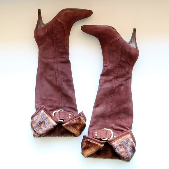 Guess Brown Suede Leather & Fur Almond Toe Heeled Over the Knee Tall Boots 7.5